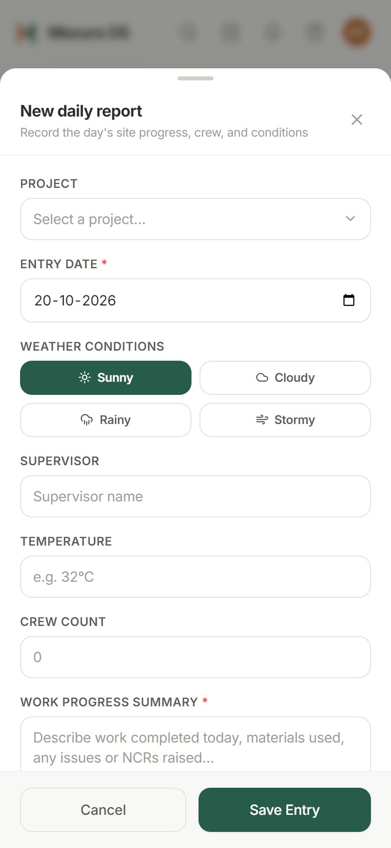 A new daily progress report on a phone: project, date, weather, supervisor, crew count and the day's work summary.