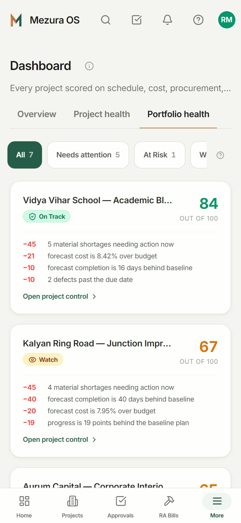 Project health on a phone: each project scored out of 100, with the reasons.