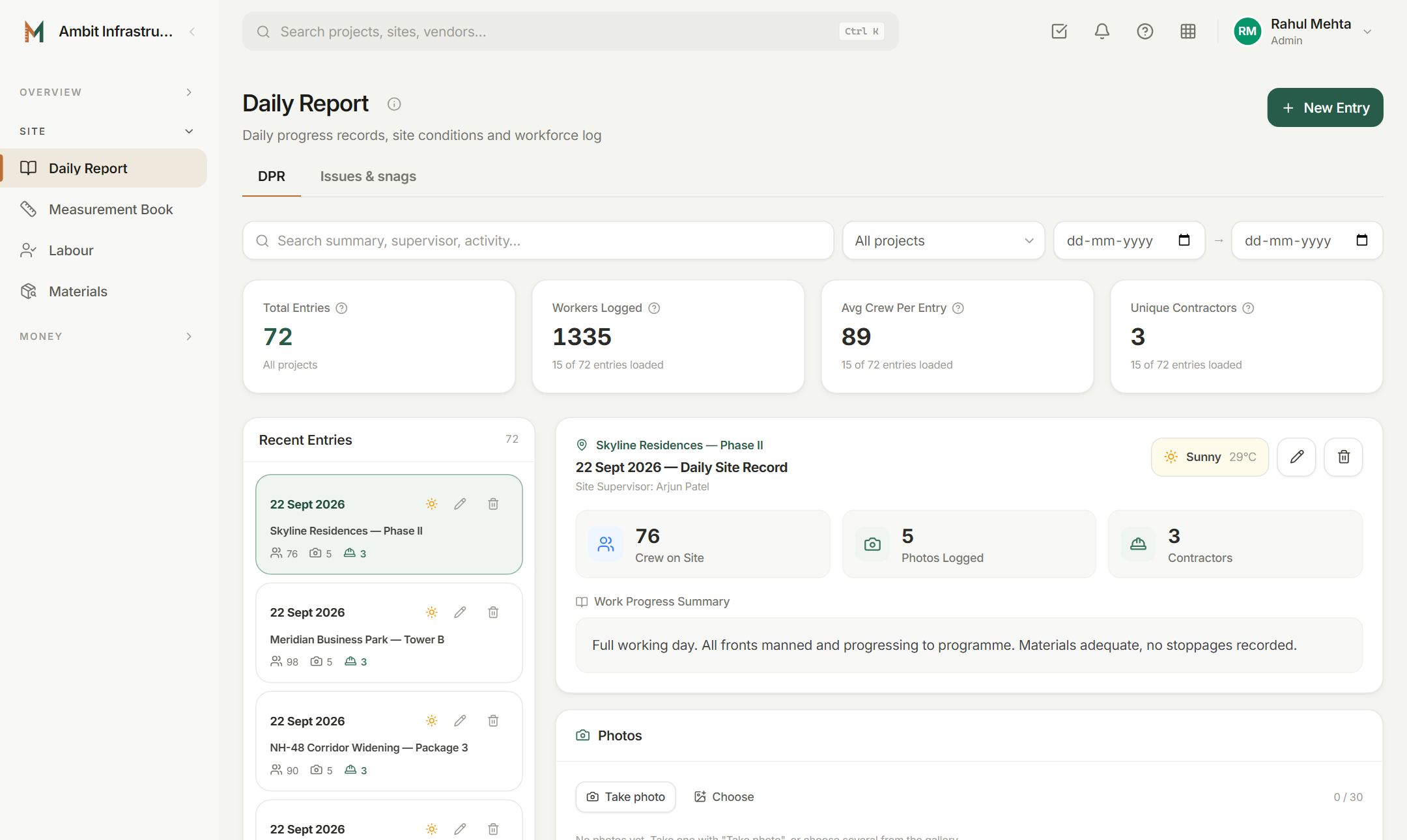 The daily progress report: entries by site, crew on site, photos logged, contractors and the day’s work summary.